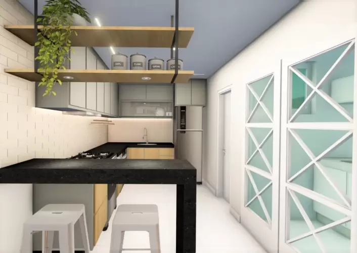Sala de estar integrada com cozinha