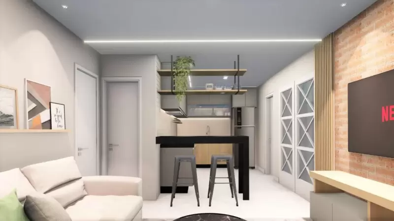 Sala de estar integrada com cozinha