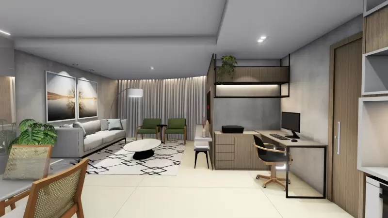 Integração de sala de estar, jantar e home office.