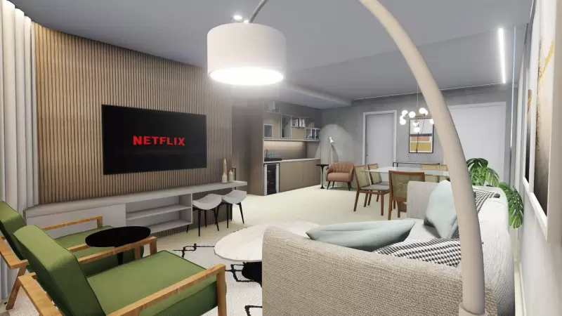 Integração de sala de estar, jantar e home office.