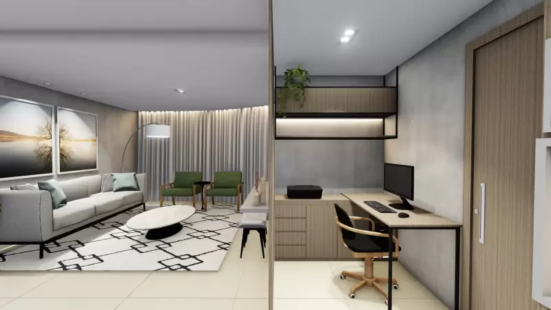 Integração de sala de estar, jantar e home office.