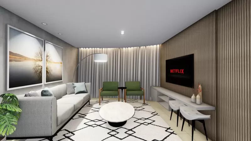 Integração de sala de estar, jantar e home office.