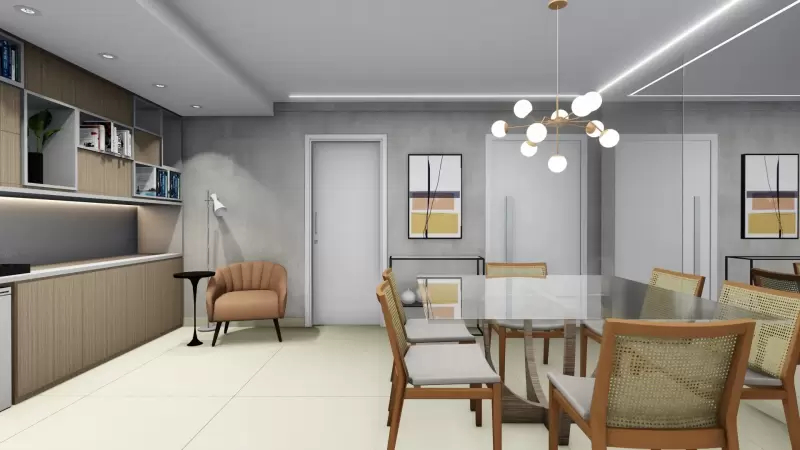Integração de sala de estar, jantar e home office.