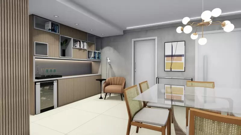 Integração de sala de estar, jantar e home office.