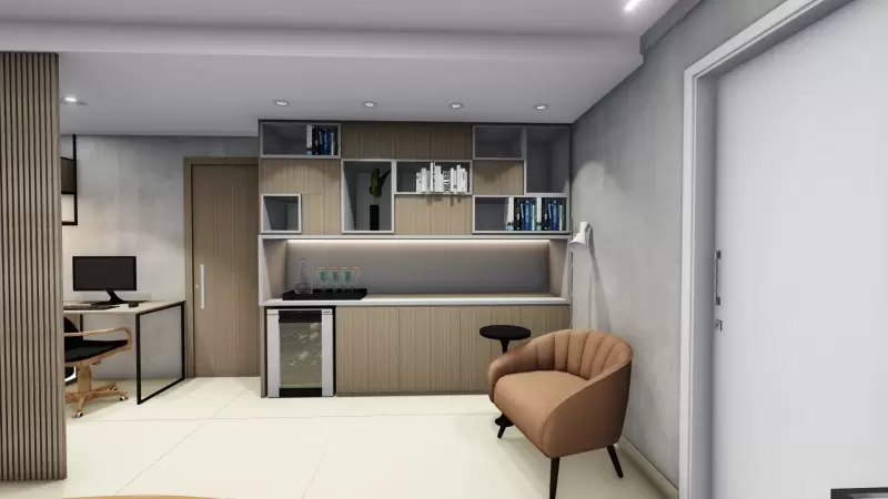 Integração de sala de estar, jantar e home office.