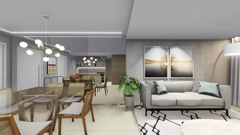 Integração de sala de estar, jantar e home office.